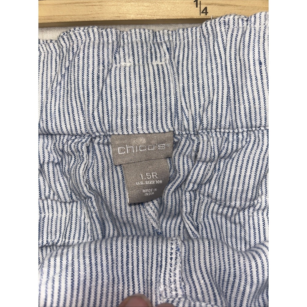 Chicos Linen Crop Belted Pants Size 1.5 US 10 Blue White Stripe Straight‎ Leg - Picture 4 of 7